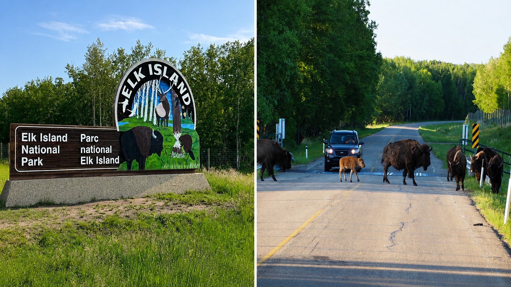 The Elk Island National Park entrance sign and bison crossing the park road