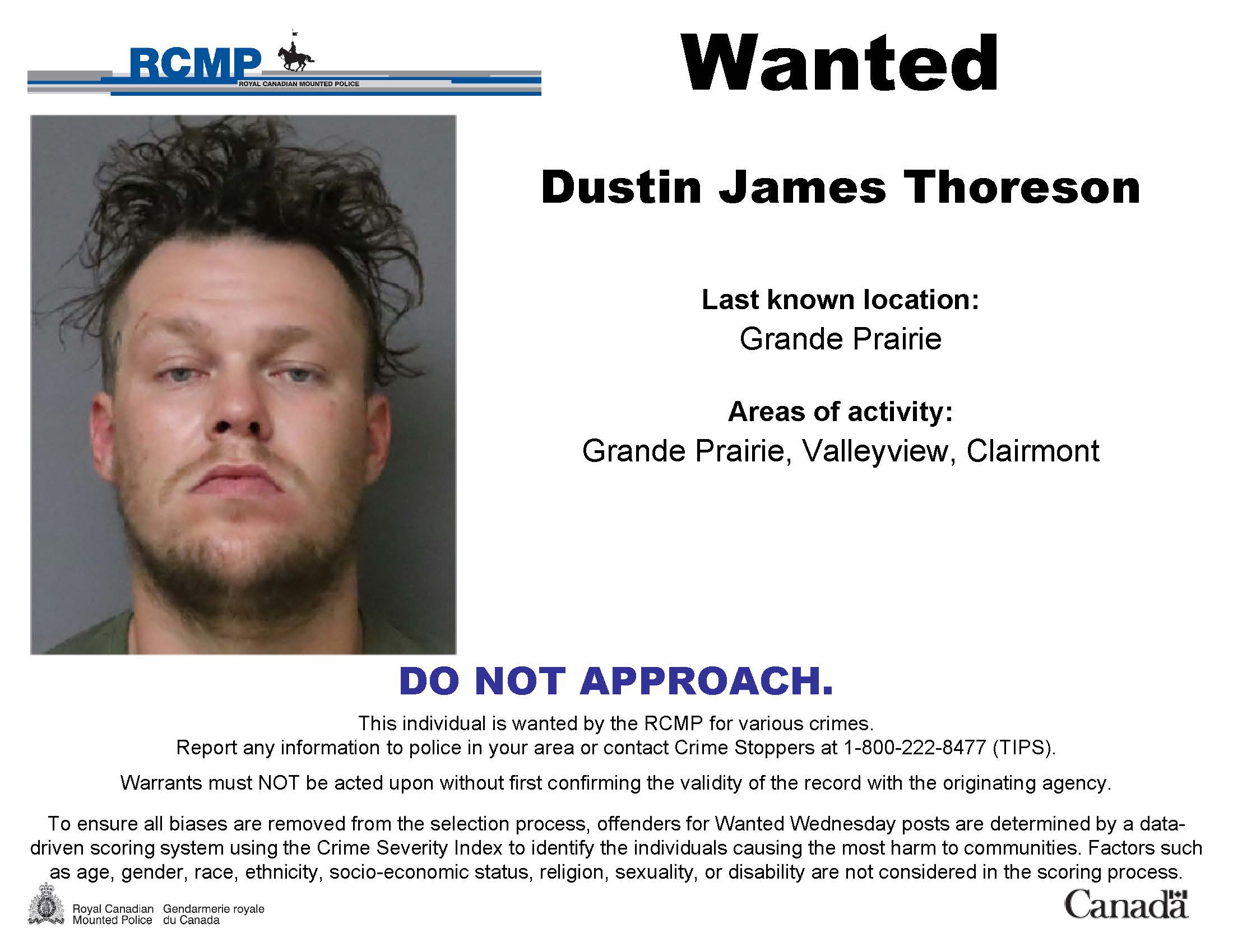 Alberta RCMP Searching for Dustin James Thoreson, Wanted in Grande Prairie, Valleyview and Clairmont